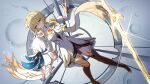  2girls absurdres blonde_hair boots breasts brown_boots commentary_request detached_sleeves dress floating floating_object flower foot_out_of_frame genshin_impact glint hair_flower hair_ornament halo highres looking_at_another lumine_(as_heaven_and_earth_are_made_anew)_(genshin_impact) lumine_(genshin_impact) medium_breasts multiple_girls mxirony official_alternate_costume on_moon paimon_(genshin_impact) pink_boots romper short_hair_with_long_locks sword thigh_boots traveler's_original_sword_(genshin_impact) weapon white_dress white_hair white_romper yellow_eyes 