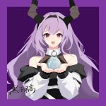  1girl :d absurdres arknights ball bare_shoulders black_hairband black_horns black_shirt border chinese_commentary commentary_request cupping_hands detached_sleeves hairband heizi_er_ha highres holding holding_ball horns long_hair long_sleeves looking_at_viewer o-ring open_mouth own_hands_together purple_background purple_border purple_eyes purple_hair shirt signature simple_background smile solo typhon_(arknights) watermark white_sleeves 