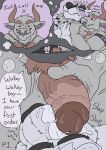 absurd_res anthro anthro_on_anthro armband bear body_hair bovid bovine cattle chest_hair chokehold dominant dominant_male duo english_text erection facial_piercing genitals glans hi_res horn jewelry jr_(plaguedobsession) male male/male mammal muscular muscular_male necklace nose_piercing nose_ring penis piercing plaguedobsession ring_piercing simple_background speech_bubble submissive submissive_male text xavier_(plaguedobsession)