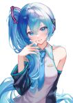  1girl absurdres aqua_nails bare_shoulders black_sleeves blue_eyes blue_hair blue_necktie breast_pocket breasts collarbone collared_shirt commentary crossed_bangs detached_sleeves english_commentary eyelashes grey_shirt hair_between_eyes hair_ornament hair_over_shoulder hand_on_own_face happy hatsune_miku hatsune_miku_(noodle_stopper) headphones highres light_blush lipstick long_hair long_sleeves loose_hair_strand makeup medium_breasts meme nail_polish necktie parted_lips parunchaa pink_lips pocket shirt side_ponytail sidetail_miku_noodle_stopper_(meme) signature simple_background sleeveless sleeveless_shirt smile solo teeth upper_body very_long_hair vocaloid white_background 