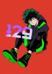  1boy adapted_costume anime_coloring aqua_eyes arms_between_legs between_legs black_hoodie black_leggings black_shoes boku_no_hero_academia canvas_texture celebration closed_mouth colored_shoe_soles commentary_request drawstring freckles full_body green_hair green_shoes hair_between_eyes hand_between_own_legs head_tilt highres hood hood_up hoodie invisible_floor knees_apart_feet_together knees_up leggings looking_at_viewer looking_to_the_side male_focus midoriya_izuku nikaidou_iroha partial_commentary red_background shoe_soles shoes short_hair simple_background sitting sleeves_past_fingers sleeves_past_wrists smile solo split_mouth turning_head twitter_username v_arms 
