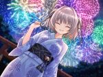  1girl :d ^_^ aerial_fireworks alternate_costume arm_at_side arusu7axiss backlighting bell black_ribbon black_sash blue_kimono blurry blurry_background blush closed_eyes commentary_request cowboy_shot dutch_angle facing_viewer festival fireworks floral_print floral_print_kimono glint grey_hair grin hair_bell hair_between_eyes hair_intakes hair_ornament hair_ribbon hand_up happy hapymaher japanese_clothes jewelry jingle_bell kimono long_ribbon long_sleeves medium_hair naitou_maia night outdoors print_kimono ribbon ring sash sharp_teeth smile solo teeth tsurime two_side_up wedding_ring wide_sleeves yukata 