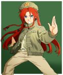  1girl absurdres adidas beret black_bow blue_eyes border bow braid bread_master brown_pants chinese_clothes commentary english_commentary feet_out_of_frame fighting_stance green_background green_hat green_jacket hair_bow hat highres hong_meiling jacket long_hair long_sleeves looking_at_viewer open_mouth outside_border pants red_hair shirt solo tangzhuang touhou twin_braids white_border white_shirt 