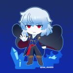  1boy artist_name black_pants blue_background blue_coat boots brown_boots brown_coat chibi chibi_only coat commentary_request cryokinesis fire floating_clothes floating_hair full_body fur_coat gloves highres ice looking_at_viewer male_focus medium_hair messy_hair open_hand outstretched_hand pale_skin pants pyrokinesis red_eyes red_sash sash side_dish030 solo standing tsukihime tsukihime_(remake) vampire vlov_arkhangel white_hair wind wind_lift 