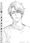  1boy art_program_in_frame closed_mouth facing_viewer greyscale haikyuu!! highres looking_to_the_side male_focus mole mole_on_forehead monochrome sakusa_kiyoomi shirt short_hair simple_background sketch solo sso_s t-shirt upper_body white_background 