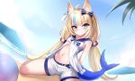  1girl :3 absurdres ahoge animal_ear_fluff animal_ears armpit_crease armpits arms_at_sides ball beach beachball belt bikini blonde_hair blue_belt blue_bikini blue_eyes blue_sky blue_streaks blue_trim blunt_bangs blush cat_ears commentary day dot_nose dress feet_out_of_frame fins fish_tail frilled_sailor_collar frills gi_end highres indie_virtual_youtuber lifebuoy_hair_ornament looking_at_viewer low_twintails midriff multicolored_hair navel open_clothes open_dress outdoors sailor_collar sameko_saba sameko_saba_(1st_costume) shorts side-tie_bikini_bottom sitting sky sleeveless sleeveless_dress solo stomach streaked_hair striped_bikini striped_clothes swimsuit tail twintails untranslatable_commentary virtual_youtuber wariza waves white_bikini white_dress white_shorts 
