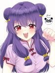  1girl bell blush bow breasts chinese_clothes commentary_request hair_bell hair_bow hair_ornament long_hair open_mouth panda purple_hair ranma_1/2 red_eyes shampoo_(ranma_1/2) sidelocks simple_background single_paw_pose smile white_background yellow_bow yu_na_8282 