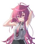  1girl absurdres ahoge arm_behind_head armpits black_shorts breast_pocket breasts closed_mouth collared_shirt commentary_request crossed_bangs grey_shirt hair_between_eyes hand_in_own_hair highres jazasuuu juno_umezono long_hair looking_at_viewer medium_breasts mixed-language_commentary multilingual_commentary necktie pocket purple_eyes purple_hair purple_necktie shirt shorts simple_background sleeveless sleeveless_shirt smile solo virtual_youtuber vspo! vspo!_en white_background 