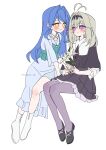  antenna_hair black_bow black_dress black_shoes blue_hair boots bow camisole camisole_over_clothes dress earrings frills full_body hair_intakes hair_ornament heart highres howa_kurea jewelry long_hair meitantei_precure! moria_luluka multiple_girls open_mouth pantyhose precure purple_eyes satupi_sb shoes simple_background skirt smile socks solo white_background yellow_eyes 