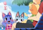  1boy 3girls animal_crossing animal_ears blue_sky blurry blurry_background cloud commentary dagasi day dog_ears dog_girl furry furry_female highres isabelle_(animal_crossing) looking_at_another multiple_girls open_mouth outdoors purple_eyes rosie_(animal_crossing) salute sitting sitting_on_lap sitting_on_person sky smile 
