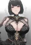  1girl archstreal armpit_cutout black_dress black_eyes black_gloves black_hair blunt_bangs breasts cleavage closed_mouth clothing_cutout commentary cowboy_shot dress gloves hand_on_own_hip helentine_(pgr) highres lace_dress large_breasts looking_at_viewer punishing:_gray_raven see-through_clothes see-through_veil short_hair sidelocks simple_background solo standing veil white_background 