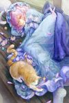 1girl ass blue_hat blue_kimono branch bug butterfly cat closed_mouth commentary frilled_kimono frills hat highres hitodama japanese_clothes kimono long_sleeves looking_at_viewer lying mob_cap on_side orange_cat petals pink_butterfly pink_eyes pink_hair pink_petals saigyouji_yuyuko sleeve_garter smile socks solo tadugane touhou triangular_headpiece white_socks wide_sleeves 