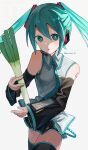  1girl absurdres aqua_eyes aqua_hair aqua_necktie bare_shoulders black_skirt black_sleeves black_thighhighs bright_pupils collared_shirt commentary_request cowboy_shot detached_sleeves double-parted_bangs food grey_shirt hair_between_eyes hatsune_miku highres holding holding_food holding_spring_onion holding_vegetable long_hair long_sleeves looking_at_viewer miniskirt necktie parted_lips pleated_skirt shirt simple_background skirt sleeveless sleeveless_shirt solo spring_onion sunimi_5 thighhighs twintails twitter_username vegetable vocaloid white_background white_pupils zettai_ryouiki 