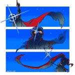  1girl 2boys arm_ribbon artist_name blue_hair blue_jacket blue_theme border cape cherrycatstudio column_lineup goggles goggles_on_head jacket kamina_(ttgl) kamina_pose kamina_shades light_smile long_hair multiple_boys outside_border pointing pointing_up red_cape red_hair ribbon scarf shaded_face short_hair simon_(ttgl) sparkle striped_clothes striped_scarf tengen_toppa_gurren_lagann topless_male very_long_hair white_border yoko_littner 