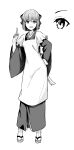  1girl :d apron azami_masurao bow commentary_request contrapposto frilled_apron frills greyscale hair_bow hand_on_own_hip hand_up highres index_finger_raised japanese_clothes kimono kohaku_(tsukihime) looking_at_viewer maid mixed_maids monochrome obi sandals sash short_hair smile solo standing tsukihime tsukihime_(remake) wa_maid wide_sleeves 