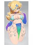  1girl absurdres blonde_hair blue_eyes breasts bridal_gauntlets commentary covered_navel covered_nipples cropped_legs earrings gradient_clothes hair_over_one_eye highres jewelry lips long_hair mario_(series) medium_breasts mineru128127 rosalina solo star_(symbol) star_earrings wide_hips 