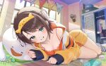  1girl :d black_hair blue_eyes breasts brown_hair camisole cleavage commentary_request duck_hood grin hairband highres hololive hood hooded_jacket indoors jacket looking_at_viewer loungewear lying medium_breasts no_shoes official_alternate_costume official_alternate_hairstyle on_floor on_side oozora_subaru oozora_subaru_(loungewear) orange_camisole short_hair smile socks solo striped_clothes striped_socks subatomo_(big) subatomo_(small) swept_bangs torakichi_888 two_side_up virtual_youtuber white_jacket yellow_hairband 