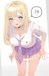  ! !? 1girl ? animal_print bare_legs bear_print black_choker blonde_hair blush breasts choker cleavage commentary ear_piercing earrings green_eyes grey_sweater_vest hair_intakes hair_ornament hairclip highres jewelry kurumi_noah kurumi_noah_(8th_costume) large_breasts leaning_forward long_hair looking_at_viewer miniskirt nail_polish necklace necktie nyamo_(lz_nyn) open_mouth panties panty_pull parallel_hairclips piercing plaid_clothes plaid_necktie plaid_skirt pleated_skirt print_sweater purple_nails purple_necktie purple_skirt school_uniform shirt short_sleeves skirt solo spoken_interrobang stud_earrings sweat sweater sweater_vest swept_bangs two_side_up underwear untranslatable_commentary virtual_youtuber vspo! white_background white_panties white_shirt 
