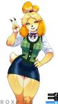  1girl animal_crossing animal_ears animal_nose black_skirt body_fur breasts brown_eyes brown_fur commentary contrapposto curvy dog_ears dog_girl dog_tail english_commentary feet_out_of_frame furry furry_female green_vest hand_on_own_hip highres isabelle_(animal_crossing) large_breasts looking_at_viewer miniskirt parted_lips partial_humanization pencil_skirt shirt shpoogli simple_background skirt sleeves_rolled_up smile solo tail topknot v vest white_background white_shirt 