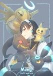  1girl alternate_color artist_name banette black_fur black_hair blue_fur dated earrings grey_background hairband highres iimia jewelry mimikyu momiji_(iimia) pointy_ears pokemon pokemon_(creature) red_eyes shedinja shiny_pokemon tail two-tone_fur umbreon white_hairband yellow_fur 