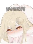  1girl absurdres animal_ears areola_slip artist_name blonde_hair blush breasts bright_pupils cheek_bulge cho_kaguya-hime! commentary crescent crescent_hair_ornament eyeliner fellatio floppy_ears frown furrowed_brow hair_ornament hetero highres irrumatio kaguya_(cho_kaguya-hime!) kaguya_(tsukuyomi)_(cho_kaguya-hime!) large_breasts lazy_eye long_hair looking_at_viewer looking_up lop_rabbit_ears makeup nose_blush nude oral orange_eyes orange_pupils penis rabbit_ears rabbit_girl raised_inner_eyebrows red_eyeliner shiny_skin simple_background solo_focus straight_hair sweat top-down_bottom-up uncensored uneven_eyes variant_set watermark wegu298 white_background 