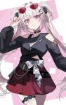  1girl :o absurdres arm_up bare_shoulders black_choker blunt_bangs breasts butterfly-shaped_pupils choker commentary_request eyewear_on_head facial_mark hair_ornament heart heart_facial_mark highres honkai:_star_rail honkai_(series) jewelry kuuhaku_0 long_hair long_sleeves looking_at_viewer medium_breasts miniskirt multicolored_hair necklace official_alternate_costume official_alternate_hairstyle parted_lips pink_eyes red_nails red_skirt red_streaks skirt solo sparkle_(honkai:_star_rail) sparxie_(candy-coated_waves)_(honkai:_star_rail) sparxie_(honkai:_star_rail) standing streaked_hair stuffed_animal stuffed_toy sunglasses symbol-shaped_pupils teddy_bear thigh_strap twintails twitter_username two_side_up very_long_hair white_hair x_hair_ornament 
