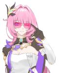  1girl ;) absurdres black_gloves black_shrug blue_eyes breasts chinese_commentary cleavage commentary_request corset elf elysia_(honkai_impact) elysia_(miss_pink_elf)_(honkai_impact) gloves hair_intakes hair_ornament highres honkai_(series) honkai_impact_3rd large_breasts long_hair looking_at_viewer one_eye_closed pink_hair pointy_ears shrug_(clothing) simple_background smile solo sunglasses very_long_hair white_background white_corset xianchong02953 