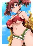  1girl absurdres bakusou_kyoudai_let's_&amp;_go!! bakusou_kyoudai_let's_&amp;_go!!_max blue_eyes breasts brown_hair camisole commentary_request covered_nipples crop_top expressionless green_shorts highres jacket large_breasts looking_at_viewer micro_shorts oogami_marina open_clothes open_fly open_shorts panties red_camisole short_twintails shorts solo tsukasawa_takamatsu twintails underboob underwear white_panties yellow_jacket 