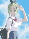  1girl 22/7 bag black_bag black_bow black_hairband blue_background blue_sky bow bow_hairband bowtie collared_shirt commentary_request cowboy_shot facing_viewer from_side green_eyes green_hair grey_skirt hair_bow hair_ornament hairband hairclip half_updo high_ponytail highres kiryu_touko looking_at_viewer parted_bangs pleated_skirt ponytail red_bow red_bowtie shirt short_sleeves shoulder_bag signature skirt sky solo standing tanpaku_(oqu_2) white_shirt 