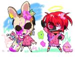  1boy 1girl animal_ears backpack bag bandages bird black_hair chibi coakira commentary ear_piercing flower full_body hair_flower hair_ornament halo j-core kakusatsuko kindergarten_uniform mask matcha_smith ozigiri paint_splatter piercing pink_shirt purple_bag rabbit_ears rainbow_thighhighs red_hair shirt short_hair short_twintails thighhighs twintails untranslatable_commentary white_thighhighs 