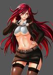  belt breasts brown_legwear crop_top garter_straps green_eyes hand_in_hair hand_on_hip jacket kaorihero katarina_du_couteau large_breasts league_of_legends long_hair long_sleeves looking_at_viewer midriff miniskirt navel no_bra open_clothes open_jacket red_hair side_slit skirt solo thighhighs underboob very_long_hair zettai_ryouiki 