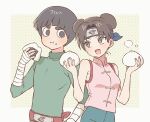  1boy 1girl bandaged_hand bandages bare_arms bare_shoulders belt black_eyes black_hair blue_headband blunt_bangs bodysuit border bowl_cut breasts brown_eyes brown_hair commentary_request double_bun eating food food_on_face green_bodysuit hair_bun headband highres konohagakure_symbol korean_commentary looking_at_another lower_eyelashes_only medium_breasts naruto_(series) onigiri open_mouth parted_bangs pink_shirt red_belt rock_lee secret9050 shirt short_hair smile steamed_bun tenten_(naruto) thick_eyebrows updo upper_body white_border 