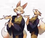  1girl ^_^ animal_ears arm_up blue_kimono brown_fur check_gender claws closed_eyes crossed_arms fangs feet_out_of_frame flying_sweatdrops fox fox_ears fox_tail from_side furry gender_request gold_trim highres holding holding_smoking_pipe japanese_clothes kimono kiseru long_sleeves looking_at_viewer multiple_views neck_tuft open_mouth original oto_animal signature simple_background smile smoking_pipe tail whiskers white_background wide_sleeves 