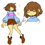  1girl blue_sweater bob_cut boots brown_boots brown_hair brown_shorts closed_eyes closed_mouth commentary english_commentary frisk_(undertale) genderswap genderswap_(otf) holding holding_stick kneehighs long_sleeves shirt short_hair shorts simple_background socks star_(symbol) stick striped_clothes striped_sweater sweater thenumbnin undertale utdr_(toby_fox) white_background 