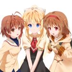  220_lyly 3girls :d air_(visual_novel) antenna_hair backpack bag blazer blonde_hair blue_eyes blue_skirt brown_eyes brown_hair brown_mittens clannad closed_mouth coat commentary company_connection cowboy_shot crossover furukawa_nagisa hair_between_eyes hair_ribbon hairband hands_up highres hikarizaka_private_high_school_uniform hood hood_down hooded_coat jacket kamio_misuzu kanon key_(company) long_hair long_sleeves looking_at_viewer medium_hair miniskirt mittens multiple_crossover multiple_girls open_mouth pleated_skirt ponytail puffy_short_sleeves puffy_sleeves red_eyes red_hairband ribbon sailor_collar school_uniform serafuku shirt short_sleeves sidelocks simple_background skirt smile tsukimiya_ayu v_arms white_background white_ribbon white_sailor_collar yellow_coat yellow_jacket yellow_shirt 