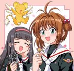  2girls :d ^_^ absurdres antenna_hair bakisimu_(kinzokunamekuji) black_hair black_shirt blunt_bangs blush_stickers brown_hair camcorder camera cardcaptor_sakura closed_eyes commentary_request daidouji_tomoyo green_eyes hand_on_own_cheek hand_on_own_face highres hime_cut holding holding_camera kero_(cardcaptor_sakura) kinomoto_sakura long_hair long_sleeves looking_at_viewer multiple_girls neckerchief open_mouth sailor_collar sailor_shirt school_uniform shirt short_hair smile tehepero tomoeda_elementary_school_uniform upper_body video_camera white_neckerchief white_sailor_collar 