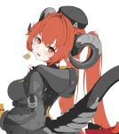  1girl asymmetrical_gloves black_hat black_horns blush breasts commentary_request cookie curled_horns dragon_girl dragon_horns fingerless_gloves food from_behind gloves green_eyes hair_between_eyes hat highres horns large_breasts long_hair looking_at_viewer magus_(zenless_zone_zero) mechanical_horns mechanical_tail mismatched_gloves mokuren4 open_mouth orange_hair orange_pupils orphie_magnusson pointy_ears simple_background single_fingerless_glove solo tail twintails white_background yellow_gloves zenless_zone_zero 