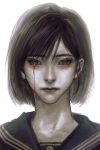  1girl black_eyes blood blood_from_eyes blood_on_face bob_cut closed_mouth expressionless highres ku881 lips looking_at_viewer nose portrait sailor_collar shimizu_hinako short_hair silent_hill_(series) silent_hill_f simple_background solo spot_color straight-on white_background 