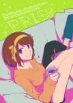  1boy 1girl alternate_costume black_pants bow breasts brown_hair brown_sweater casual coffee coffee_mug comiket_93 commentary_request copyright_name cover cover_page cup doujin_cover feet_out_of_frame fujimura_kyuu green_background hair_bow hair_ribbon hairband holding holding_cup kyon large_breasts looking_at_viewer medium_hair mug pants red_eyes ribbon simple_background sitting sleeves_past_wrists solo_focus suzumiya_haruhi suzumiya_haruhi_no_yuuutsu sweater yellow_bow yellow_hairband yellow_ribbon 
