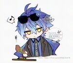  1boy :> antenna_hair artist_name black_jacket black_necktie blue_fire blue_hair blue_shirt chibi chibi_only closed_mouth collared_shirt cropped_torso crossed_bangs eyewear_on_head fire flins_(genshin_impact) flins_(spring_blossom_tales)_(genshin_impact) food genshin_impact gradient_hair grilled_tiger_fish_(genshin_impact) hair_between_eyes hair_intakes holding holding_food jacket lapels long_hair long_sleeves looking_at_viewer male_focus multicolored_hair musical_note naho_(pi988y) necktie official_alternate_costume open_clothes open_jacket shirt signature simple_background skewer smile solo speech_bubble spoken_musical_note sunglasses translation_request twitter_username upper_body very_long_hair watermark web_address white_background wing_collar yellow_eyes 