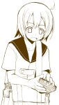  1girl ahoge bag buttons coat collarbone flat_chest holding looking_down medic_(sekaiju) medic_2_(sekaiju) monochrome pouch ryoutya sailor_collar sekaiju_no_meikyuu sekaiju_no_meikyuu_1 short_hair short_sleeves simple_background solo standing sweatdrop upper_body white_background 
