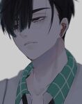  1boy alien_stage black_eyes black_hair collared_shirt commentary_request contrast_collar fang fang_out highres ivan_(alien_stage) looking_up male_focus portrait red_pupils school_uniform shirt short_hair thick_eyebrows very_short_hair white_shirt z_(user_asha7224) 