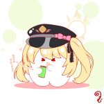  >_< 1girl :3 arrow_(symbol) black_bow black_hat blonde_hair blue_archive blush bow chibi chips_(food) closed_eyes closed_mouth colored_shadow commentary_request eating food hair_bow halo hat hat_bow highres holding holding_food ibuki_(blue_archive) kurukurumagical long_hair peaked_cap pink_bow potato_chips shadow side_ponytail solo standing translation_request very_long_hair white_background 