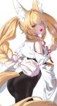  1girl :d absurdres animal_ear_fluff animal_ears ass black_bodysuit blonde_hair bodysuit braid braided_twintails clothing_cutout commentary cowboy_shot english_commentary fangs fox_ears fox_girl fox_tail from_behind gradient_hair hair_between_eyes highres hokori_kei indie_virtual_youtuber long_hair looking_at_viewer looking_back multicolored_hair open_mouth red_eyes shoulder_cutout shrug_(clothing) simple_background skin_tight smile solo tail thatdogbow two-tone_hair very_long_hair virtual_youtuber white_background white_hair white_shrug wide_sleeves 