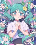  >_< 0_0 1girl :< @_@ aqua_hair aqua_nails aqua_necktie black_skirt blue_eyes blush blush_stickers chibi closed_eyes closed_mouth collared_shirt commentary_request crying crying_with_eyes_open double_v dress_shirt grey_background hair_between_eyes hatsune_miku highres interlocked_fingers long_hair multiple_views necktie own_hands_clasped own_hands_together pleated_skirt shirt skirt sosorry!_(vocaloid) tam-u tears turn_pale twintails v very_long_hair vocaloid wavy_mouth white_shirt 