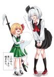  2girls ^_^ absurdres alternate_costume ascot black_bow black_bowtie black_hairband black_skirt black_socks black_vest blonde_hair blush bow bowtie closed_eyes collared_shirt commentary_request cosplay costume_switch flower frilled_skirt frills green_skirt green_vest grey_hair hair_ribbon hairband highres hitodama kneehighs konpaku_youmu konpaku_youmu_(cosplay) konpaku_youmu_(ghost) leaning_forward long_sleeves multiple_girls open_mouth pink_flower red_ascot red_eyes red_ribbon red_shoes ribbon rumia rumia_(cosplay) sheath sheathed shirt shoes simple_background skirt skirt_set smile socks sword sword_on_back teeth touhou translation_request upper_teeth_only vest weapon weapon_on_back white_background white_shirt white_socks zetubouog3 
