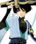  1boy anemo_symbol_(genshin_impact) aqua_gem belt black_belt black_bodysuit black_bow black_hair blue_hat blue_jingasa blue_kimono blue_sleeves blunt_ends bodysuit bow cape covered_collarbone eyeliner furisode gem genshin_impact gold hat japanese_clothes jingasa juban kimono layered_sleeves looking_down makeup male_focus mandarin_collar open_clothes open_kimono parted_lips pom_pom_(clothes) portrait purple_cape purple_eyes purple_rope purple_sash red_eyeliner rope sash scaramouche_(genshin_impact) short_sleeves shoulder_peek side_cape smile solo sourou451451 tsurime vision_(genshin_impact) wanderer_(genshin_impact) white_background white_kimono white_mouth white_sleeves wispy_bangs 