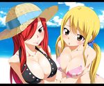  :&lt; beach bikini blonde_hair blush breast_hold breasts brown_eyes cloud collarbone day erza_scarlet fairy_tail gaston18 hair_over_one_eye hat highres lips long_hair lucy_heartfilia mashima_hiro multiple_girls ocean red_hair smile straw_hat swimsuit twintails 