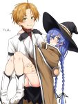  1boy 1girl absurdres amputee arm_belt ass black_hat blue_eyes blue_hair blush braid brown_robe carrying carrying_person commentary_request green_eyes hand_on_another's_shoulder hat highres husband_and_wife jacket long_hair looking_at_viewer mushoku_tensei panties princess_carry ranoa_magic_academy_school_uniform robe roxy_migurdia rudeus_greyrat school_uniform simple_background smile twin_braids underwear white_background white_jacket white_panties witch_hat yanmyhony 