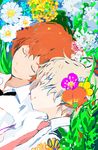  2boys ahoge bandoutan blonde_hair child eyes_closed flower haru_(tsuritama) lying male_focus multiple_boys necktie outdoors red_hair sanada_yuki shirt short_hair tsuritama 